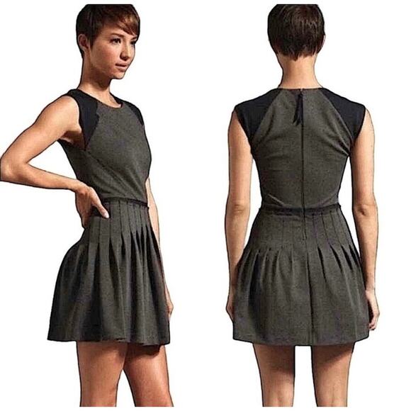 Rebecca Taylor Ponte Mini Dress Fit & Flare Pleated Skirt Colorblock Gray Black - Picture 2 of 10